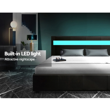 Artiss LED Bed Frame Queen Size Gas Lift Base With Storage Black Leather - Image 4