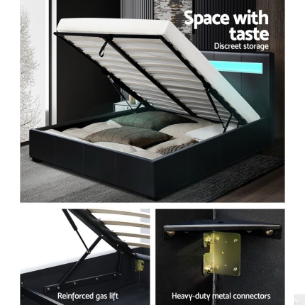 Artiss LED Bed Frame Queen Size Gas Lift Base With Storage Black Leather - Image 6