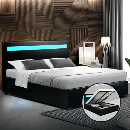 Artiss LED Bed Frame Queen Size Gas Lift Base With Storage Black Leather - Image 7