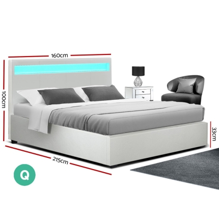 Artiss LED Bed Frame Queen Size Gas Lift Base With Storage White Leather - Image 2