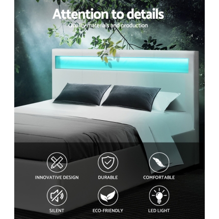 Artiss LED Bed Frame Queen Size Gas Lift Base With Storage White Leather - Image 3