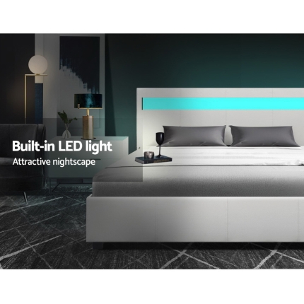 Artiss LED Bed Frame Queen Size Gas Lift Base With Storage White Leather - Image 4
