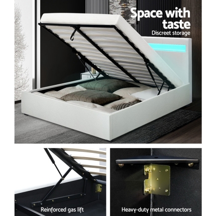 Artiss LED Bed Frame Queen Size Gas Lift Base With Storage White Leather - Image 6