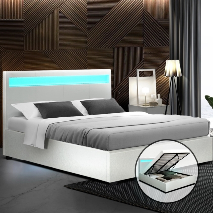 Artiss LED Bed Frame Queen Size Gas Lift Base With Storage White Leather - Image 7