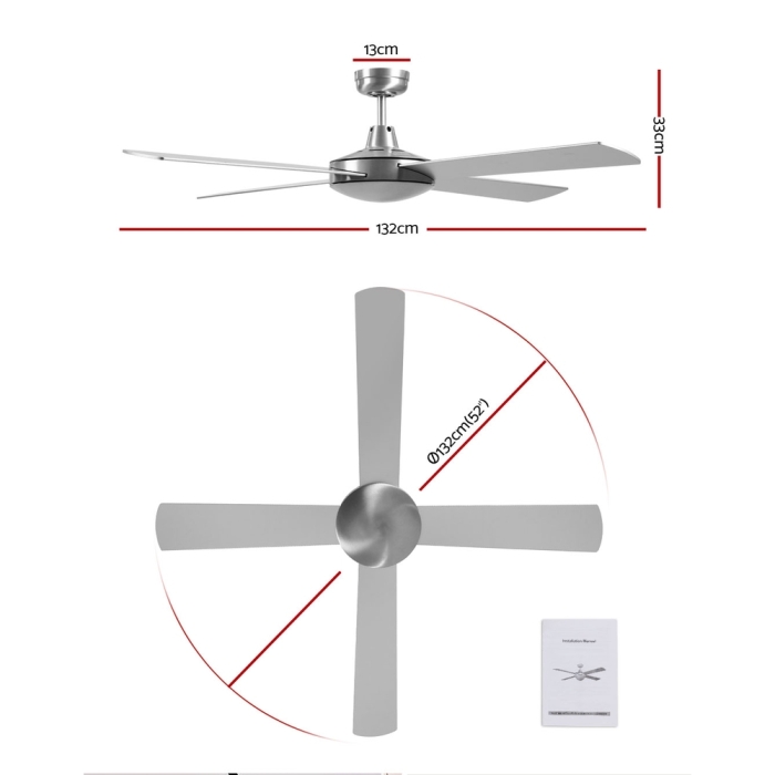 Devanti 52 inch 1300mm Ceiling Fan 4 Wooden Blades with Remote Reversible Fans Silver