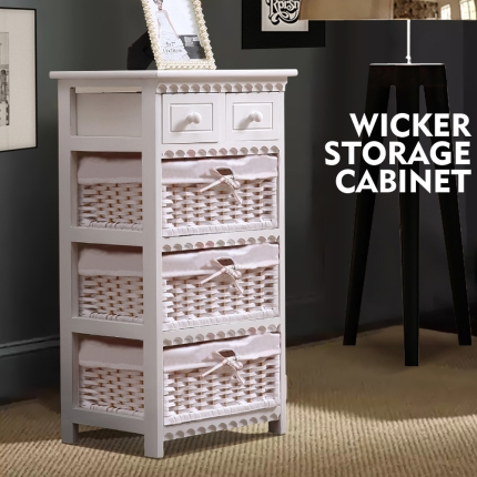 Bedroom Storage Dresser Chest 5 Drawers 3 Wicker Basket Cabinet - Image 2