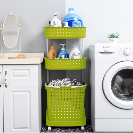 Bathroom Laundry Clothes Baskets Bin Removable Shelf Green - Image 3