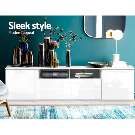Artiss 180cm TV Cabinet Stand Entertainment Unit High Gloss Furniture 4 Storage Drawers White - Image 3