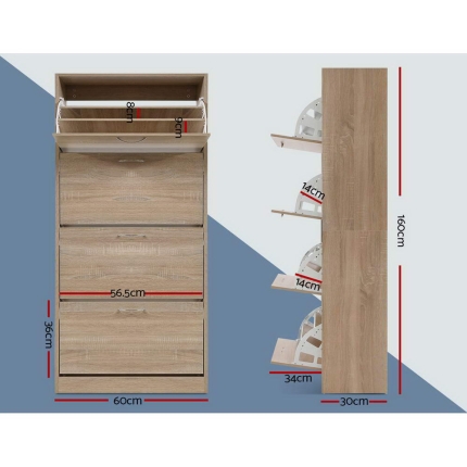 Artiss Shoe Cabinet Shoes Storage Rack Organiser 60 Pairs Wood Shelf Drawer - Image 2
