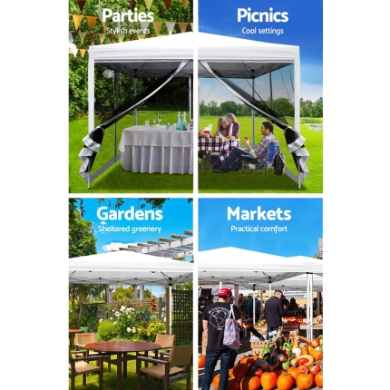 Instahut Gazebo Pop Up Marquee 3x3m Wedding Mesh Side Wall Outdoor Gazebos White - Image 5