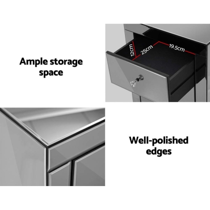 Artiss Mirrored Bedside Tables Drawers Crystal Chest Nightstand Glass Grey - Image 3
