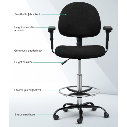 Artiss Office Chair Veer Drafting Stool Fabric Chairs Adjustable Armrest Black - Image 3