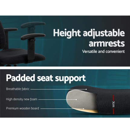 Artiss Office Chair Veer Drafting Stool Fabric Chairs Adjustable Armrest Black - Image 5
