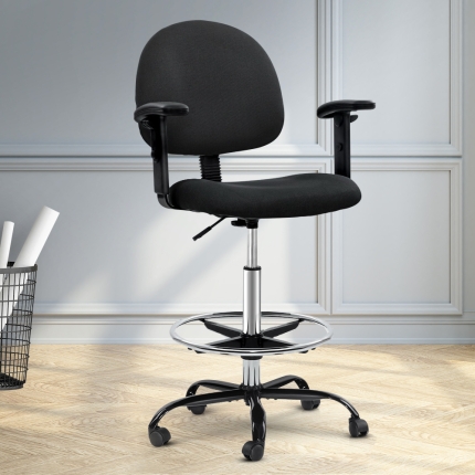 Artiss Office Chair Veer Drafting Stool Fabric Chairs Adjustable Armrest Black - Image 7