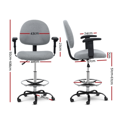 Artiss Office Chair Veer Drafting Stool Fabric Chairs Adjustable Armrest Grey - Image 2