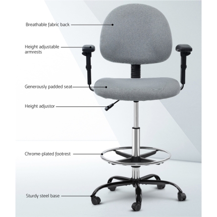 Artiss Office Chair Veer Drafting Stool Fabric Chairs Adjustable Armrest Grey - Image 3