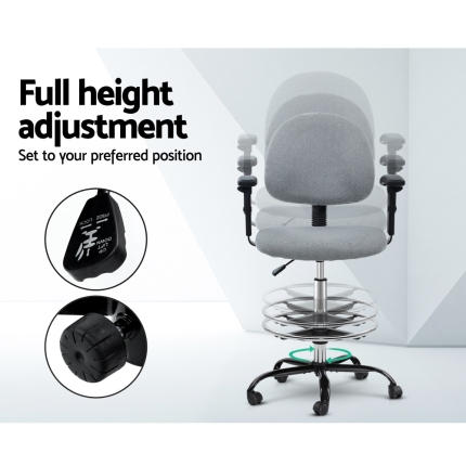 Artiss Office Chair Veer Drafting Stool Fabric Chairs Adjustable Armrest Grey - Image 6