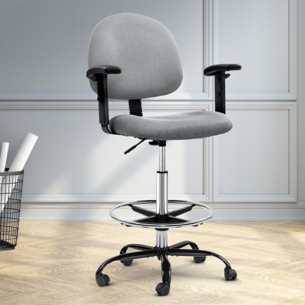 Artiss Office Chair Veer Drafting Stool Fabric Chairs Adjustable Armrest Grey - Image 7