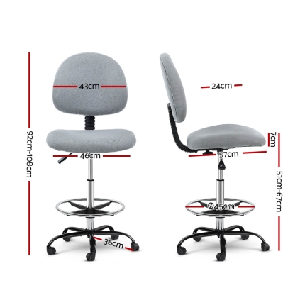 Artiss Office Chair Veer Drafting Stool Fabric Chairs Grey - Image 2