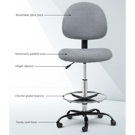 Artiss Office Chair Veer Drafting Stool Fabric Chairs Grey - Image 3