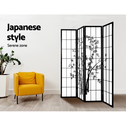 Artiss 4 Panel Room Divider Screen Privacy Dividers Pine Wood Stand Shoji Bamboo Black White - Image 5