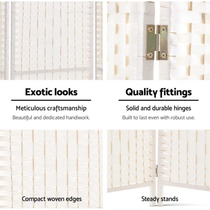 Artiss 6 Panel Room Divider Privacy Screen Rattan Timber Fold Woven Stand White - Image 6