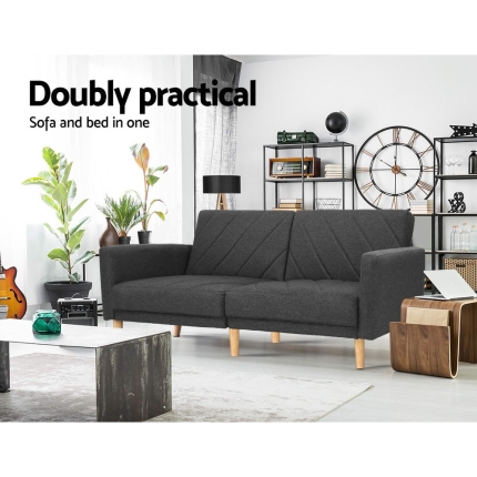 Artiss Sofa Bed Lounge 3 Seater Futon Couch Wood Furniture Dark Grey Fabric 193cm - Image 4