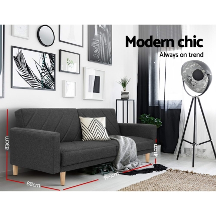Artiss Sofa Bed Lounge 3 Seater Futon Couch Wood Furniture Dark Grey Fabric 193cm - Image 5