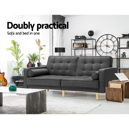 Artiss 1950mm 3 Seater Sofa Bed Recliner Lounge Chair Tufted Plush Fabric Dark Grey - Image 3