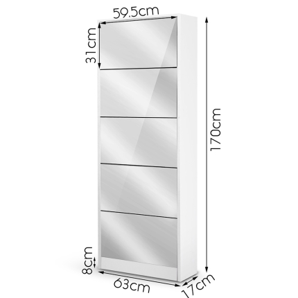 Artiss 5 Drawer Mirrored Wooden Shoe Cabinet - White - Image 2