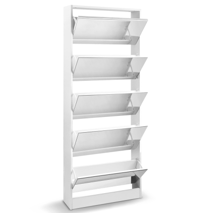 Artiss 5 Drawer Mirrored Wooden Shoe Cabinet - White - Image 5