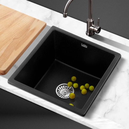 Cefito Kitchen Sink Stone Granite Laundry Top/Undermount Singe Black 450x450mm - Image 7
