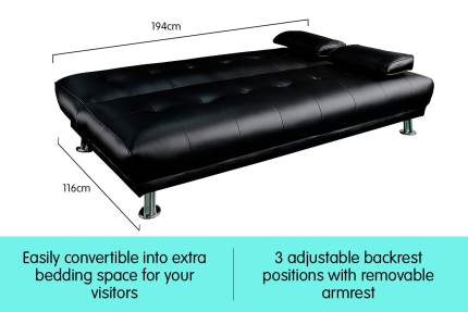 Manhattan 3 Seater Faux Leather Sofa Bed Couch Lounge Futon - Black - Image 3
