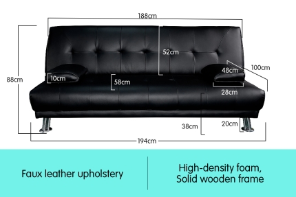 Manhattan 3 Seater Faux Leather Sofa Bed Couch Lounge Futon - Black - Image 4