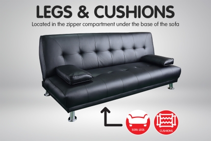 Manhattan 3 Seater Faux Leather Sofa Bed Couch Lounge Futon - Black - Image 5