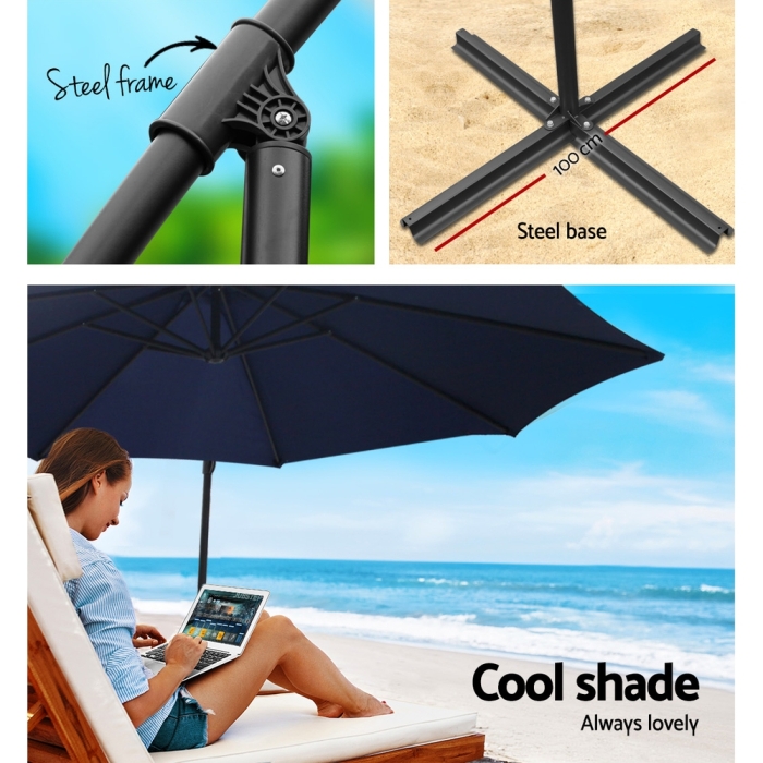 Instahut 3M Umbrella with 50x50cm Base Outdoor Umbrellas Cantilever Sun Stand UV Garden Navy