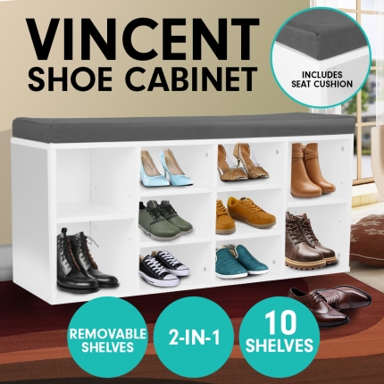 Shoe Rack Cabinet Organiser Grey Cushion - 104 x 30 x 45 - White - Image 2