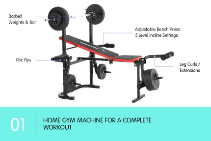 Powertrain Home Gym Workout Bench Press with 45kg Weights - Image 2