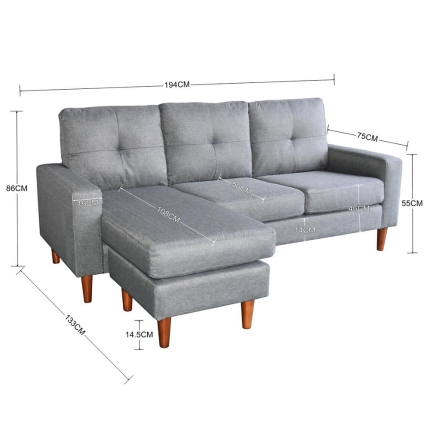 Linen Corner Sofa Couch Lounge Chaise with Wooden Legs - Grey - Image 6