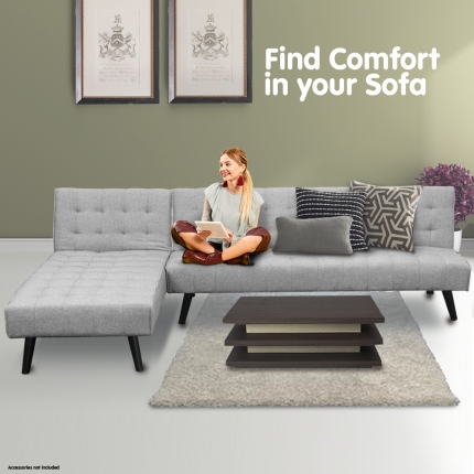 3-Seater Corner Sofa Bed with Lounge Chaise Couch Furniture Light Grey - Image 2
