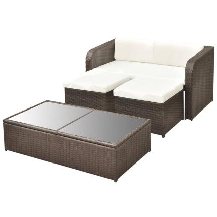 4 Piece Garden Lounge Set with Cushions Poly Rattan Brown - Image 5