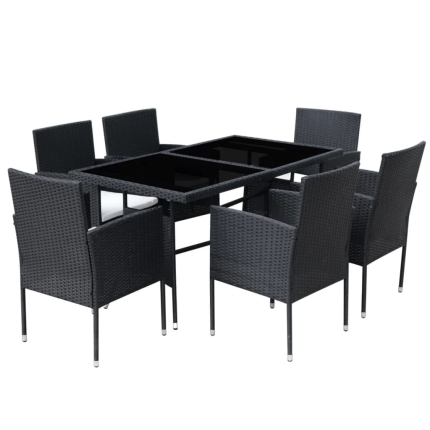 7 Piece Outdoor Dining Set with Cushions Poly Rattan Black - Image 3