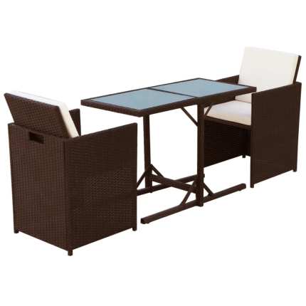 3 Piece Bistro Set with Cushions Poly Rattan Brown - Image 3