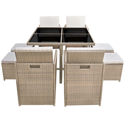 9 Piece Outdoor Dining Set with Cushions Poly Rattan Beige - Image 3