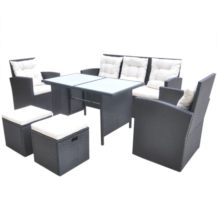 6 Piece Outdoor Dining Set with Cushions Poly Rattan Black - Image 2