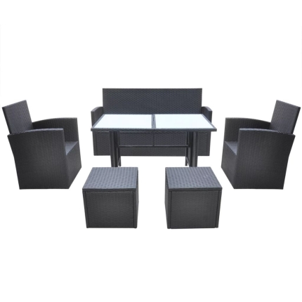 6 Piece Outdoor Dining Set with Cushions Poly Rattan Black - Image 3