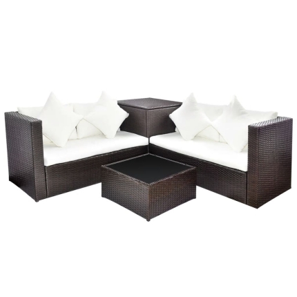 4 Piece Garden Lounge Set with Cushions Poly Rattan Brown - Image 2