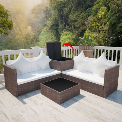 4 Piece Garden Lounge Set with Cushions Poly Rattan Brown - Image 3