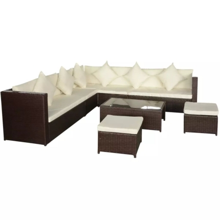 8 Piece Garden Lounge Set with Cushions Poly Rattan Brown - Image 2