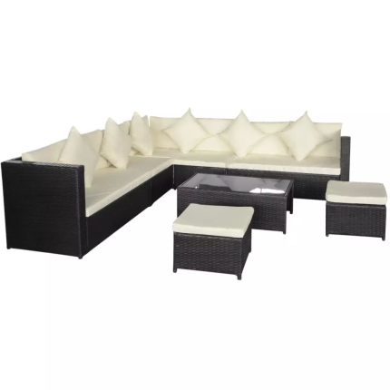 8 Piece Garden Lounge Set with Cushions Poly Rattan Black - Image 2